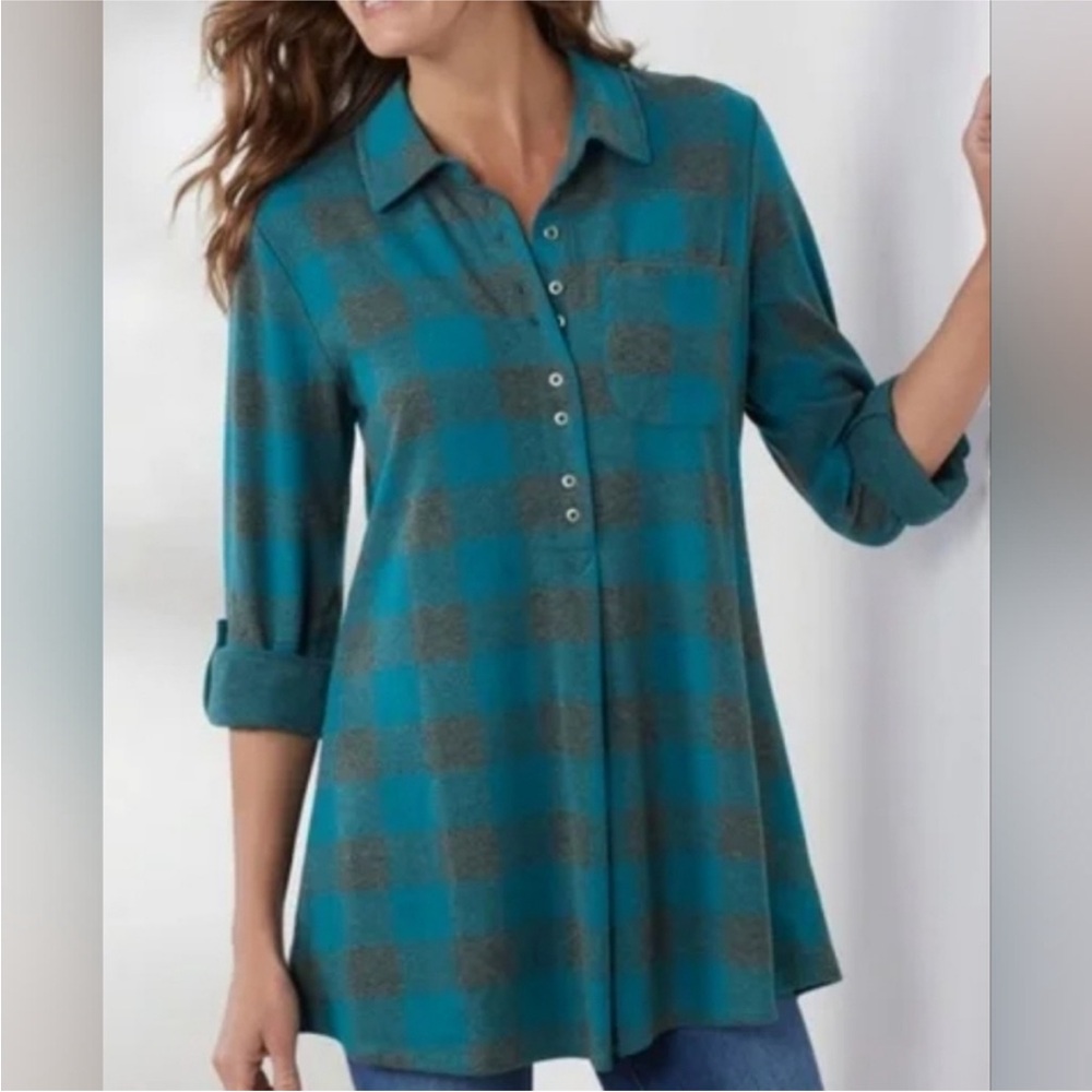 Soft Surroundings Small Gray Turquoise Plaid Checkered Tunic Top
